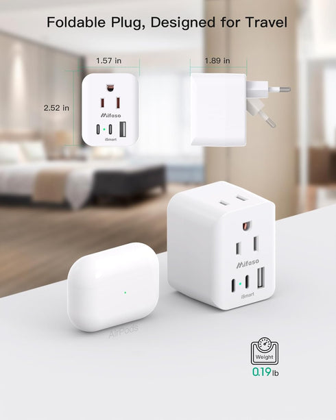 European Travel Plug Adapter, 2 Pack Foldable International Power Plug Adapter with 2 AC Outlets 3 USB Charging Ports(2 USB C), Type C Plug Adapte...