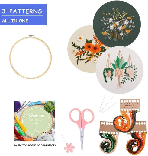 Santune 3 Sets Embroidery Kit for Beginners Needlepoint Cross Stitch Kits for Adults,Stitch Learning DIY Kit with Easy Instruction Video,Stamped F...