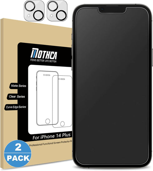 Mothca 2 Pack Matte Glass Screen Protector for iPhone 14 Plus with 2 Pack Camera Lens Tempered Glass Protector, Anti-Glare & Anti-Fingerprint Temp...