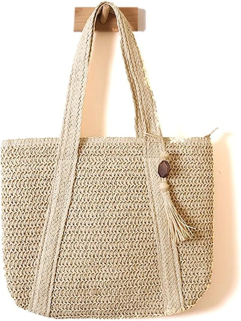 Large Straw Woven Bag for women, Straw Beach Tote Bag with Tassels, Boho Summer Shoulder Handbags for Vacation...