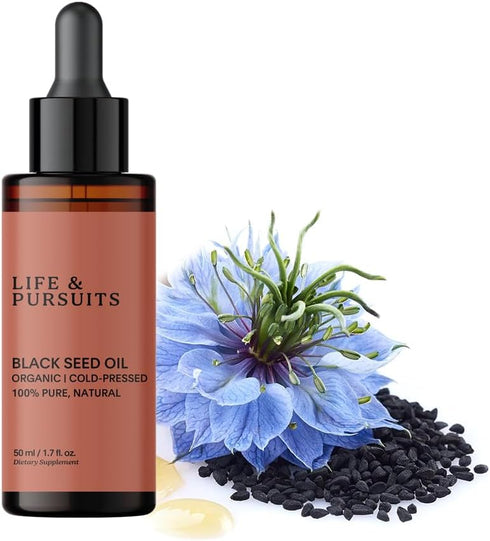 Life & Pursuits Organic Black Seed Oil (Kalonji) - 100% Pure, Natural, Cold Pressed | Natural Source of Thymoquinone & Omega 3 6 9 | Antioxidant f...