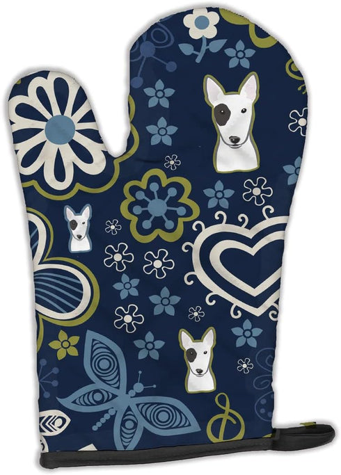Caroline's Treasures BB5060OVMT Blue Flowers Bull Terrier Oven Mitt Heat Resistant Thick Oven Mitt for Hot Pans and Oven, Kitchen Mitt Protect Han...