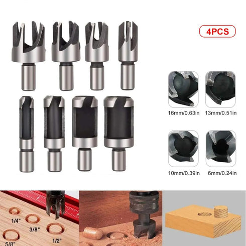 Wood Plug Cutter Drill Bit Set with 3/8 Round Shank Woodworking Chamfer Drill Bits Straight and Tapered Taper 5/8" 1/2" 3/8" 1/4" Cutting Tool, 8P...