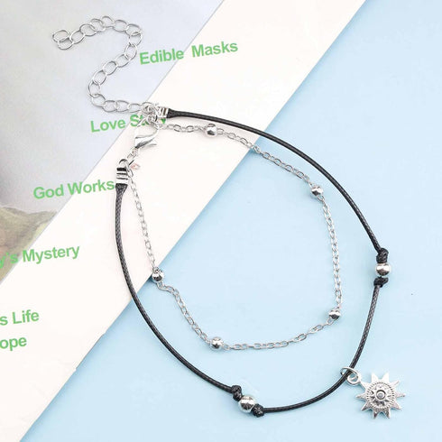 Bohemian Sun Dangle Anklet Black Woven Rope Ankle Bracelet Silver Layered Chain Anklet Adjustable Wax Anklets Summer Beach Foot Chain Jewelry for ...
