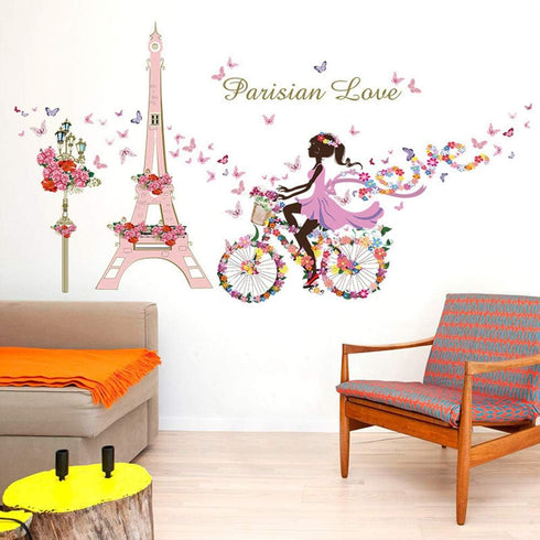 Girl Bicycle Wall Stickers Flowers Eiffel Tower Wall Decals Mural for Kids Bedroom Living Room...