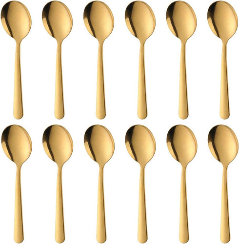 Bouillon Round Spoon 12 Pieces Stainless Steel Soup Spoons, BUY&USE 5.9-Inch Gold Color Dinenrware...