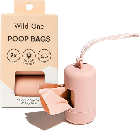 Wild One Dog Poop Bag Holder and Dispenser with Leash Attachment, Leak Proof, Easy Twist Top for Refills, Includes 1 Box Poop Bags, Blush...
