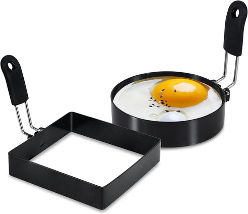 4'' Round+Square Egg Rings Set with Silicone Handle, Stainless Steel Egg Cooking Rings?Nonstick?For Frying Eggs and Egg Mcmuffins, Egg Mold For Br...