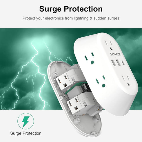 USB Wall Charger, FDTEK Surge Protector 6 Outlet Power Strip Multi Plug Outlet with USB-C Charging Ports, 3-Sided Outlet Splitter Wall Plug Adapte...