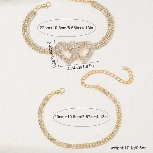 Silver Full Rhinestone Love Heart Anklets, Adjustable Double Layer Statement Anklets, Fashionable Beach Vacation Jewelry Gifts for Women Teen Girl...