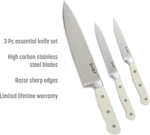 Goodful Premium Cutlery Kitchen Essential Knife Set, High Carbon Stainless Steel Blades Cutlery, Full Tang, Triple Riveted Handles, 3-Piece, Cream...
