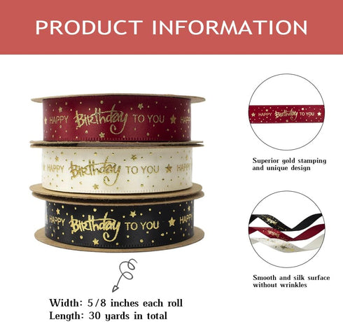 5/8 Inch Happy Birthday Ribbon 3 Roll 30 Yards Satin Ribbons with Gold Printed Gift Ribbon for Birthday Gift Wrapping Craft Hair Bows Party Suppli...