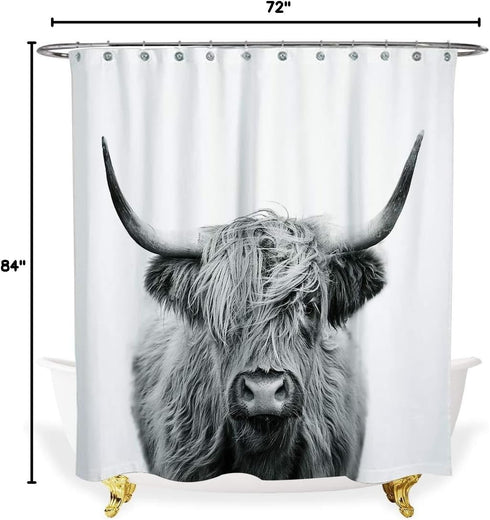Cow Shower Curtain - White Shower Curtains for Bathroom Decor, Black and White Gray 3D Art Print (72x84,Grey Highland Cow)...