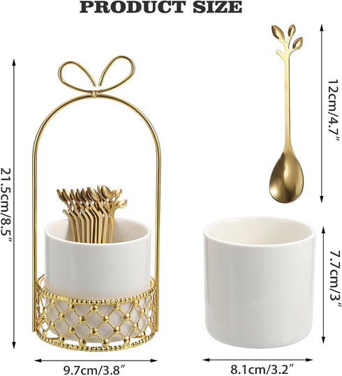 ELLDOO Coffee Spoon Set, White Ceramic Holder with 8 Stainless Steel Gold Leaf Coffee Spoons, Creative Flatware Set for Stirring, Mixing, Sugar, I...