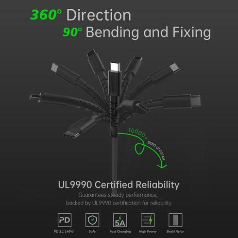 Cable 140W 240W Max Fast Charge & High-Speed Data USB C to C Cable, 5ft, 90° Bendable, Biodegradable Nylon, PD 3.1, Compatible with MacBook Pro, f...