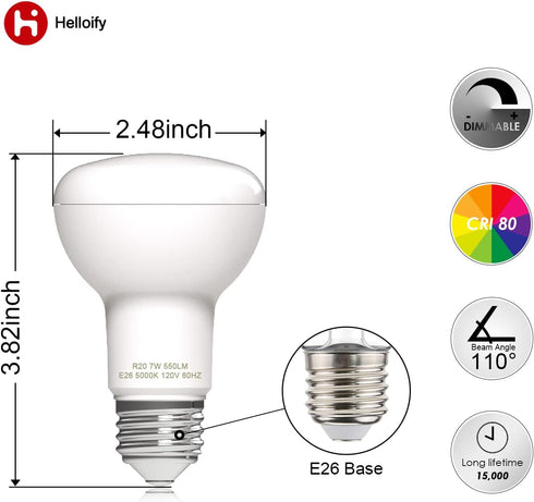 Dimmable R20/BR20 LED Flood Light Bulb, 7W, 50W Equivalent, 5000K Daylight White, 600lm Each, Energy Saving Lamp for Office/Home, E26 Screw Base, ...