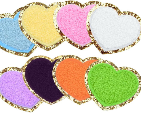 Shelzy’s Designs Towel Embroidered Heart Patches - 3pc Glitter Chenille Sticker or Glue on Appliques,Triple-Pack in Pink or White with Elegant Gol...