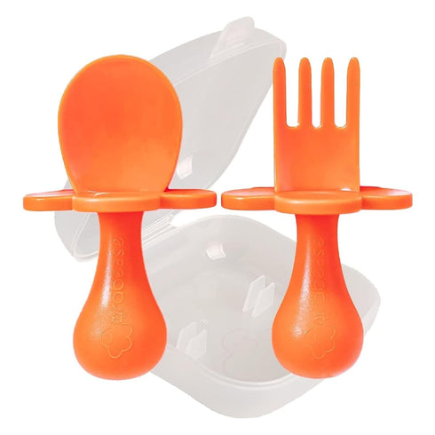 Grabease Baby Fork and Spoon Set for Babies & Toddlers - BPA-Free & Phthalate-Free Self-Feeding Cutlery - Orange Toddler Utensils...