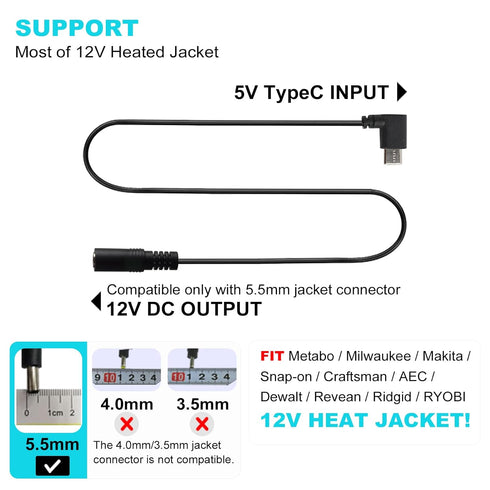 12V Heated Jacket Battery Step-Up Adapter Charger Cable Compatible with Milwaukee, M12, Dewalt, Makita, Snapon, Metabo, Craftsman, AEG Gear (TypeC...