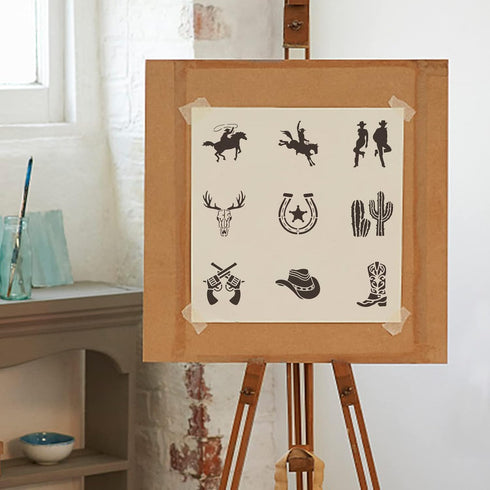 9PCS Cowboy Stencil 6×6inch Cowboy Boots and Hat Cactus Western Cowboy Cowgirl Stencil Reusable Hollow Out Drawing Template for DIY Projects, Pain...