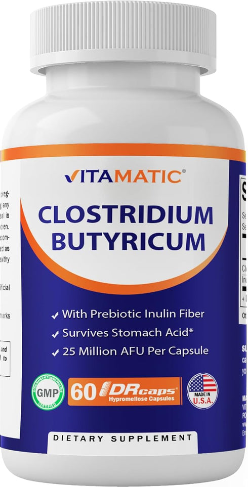 Vitamatic Clostridium butyricum 25 Million - Gut Health - 60 DR Capsules (Delayed Released) - Made with Prebiotic Inulin Fiber...
