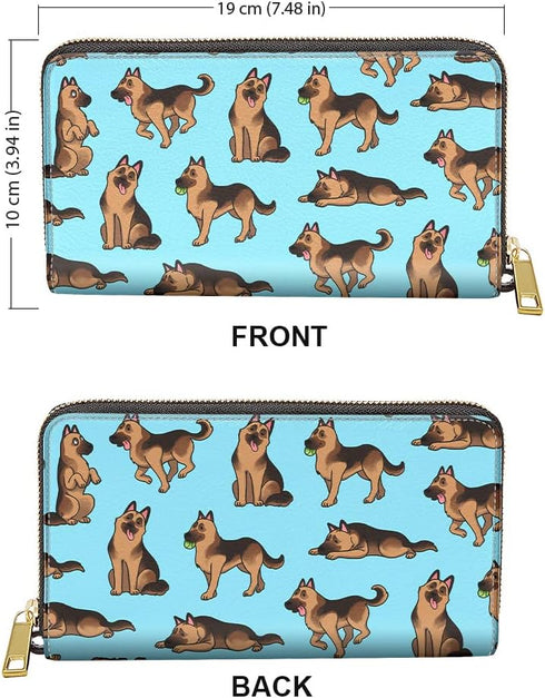 WIRESTER PU Leather Clutch Purse Card Holder Wallet, Zip Around Long Wallet for Women - German Shepherd Funny Playful Postures Light Blue...