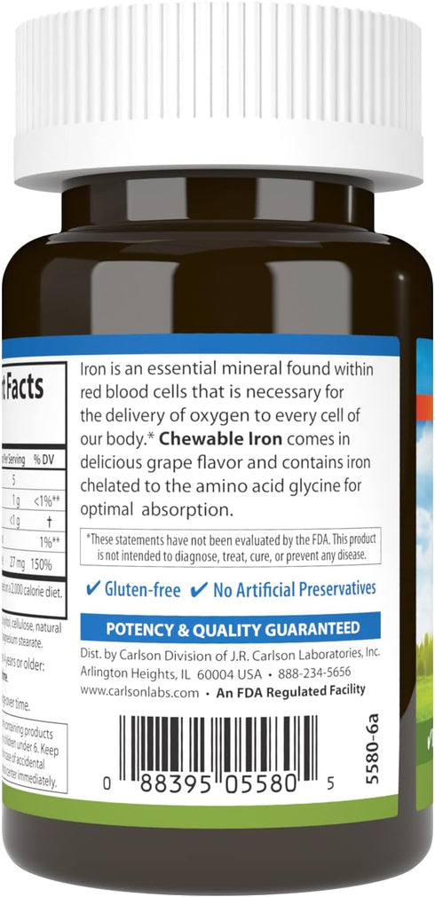 Carlson Chewable Iron 27 mg, Grape, Blood Health, 30 Tablets...