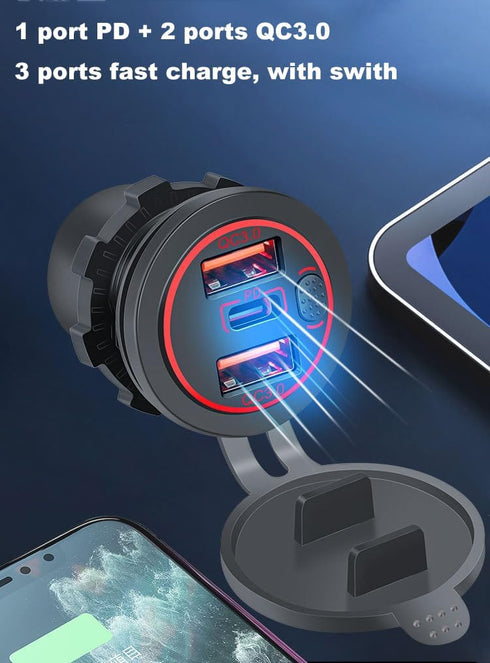 3 Ports 18W USB Car Charger with Switch, 12-24V Dual QC 3.0 USB & PD USB C Cigarette Lighter Socket Outlet, Dashboard Mount Quick Charge Charger f...