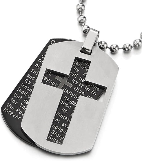 COOLSTEELANDBEYOND Two-Pieces Mens Bible Verse Cross Dog Tag Pendant Necklace, Steel Silver Black with 23.6 inch Chain...
