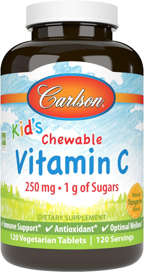 Carlson - Kid's Chewable Vitamin C, 250 mg, 1 g of Sugars, Immune Support & Optimal Wellness, Antioxidant, Tangerine, 120 Vegetarian Tablets...