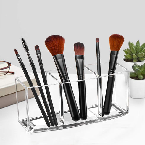 Acrylic Makeup Brush Organizer Holder Clear Cosmetic Brushes Storage with 3 Slots...