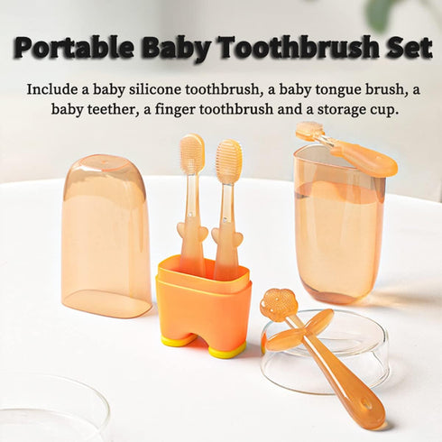 FOKiiBO Baby Silicone Toothbrush Set, Toothbrush + Tongue Brush + Toothbrush + Finger Toothbrush with Cup for Training Teething, 0-18M Infant Todd...