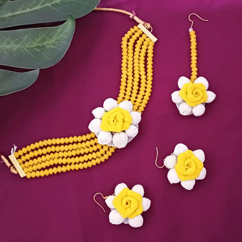 Efulgenz Handmade Floral Beaded Yellow Faux Pearl Flower Jewelry Set Choker Neckalce with Maang Tikka Earrings Indian Jewelry for Women for Haldi ...