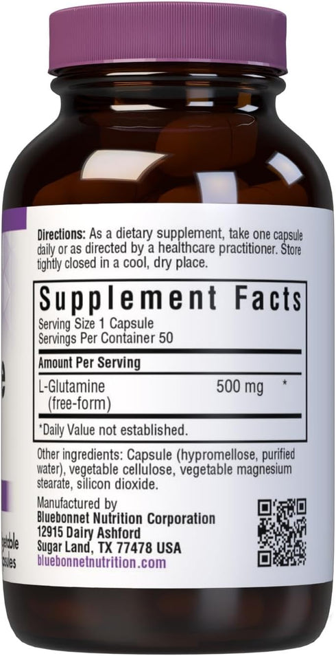 Bluebonnet Nutrition L-Glutamine 500mg, Supports Immune Function, Nitrogen Transporter, Soy & Gluten-Free, Non-GMO, Kosher Certified, Vegan, 50 Ve...