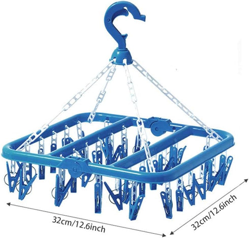 SteelFever Clothes Drying Hanger with 32 Clips, Foldable Hanging Drying Rack for Clothes Underwear Socks (Blue)...
