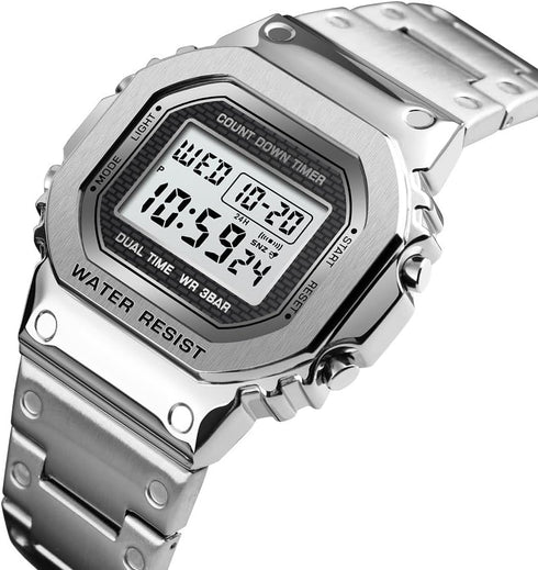 PASOY Men's Digital Multi-Function Watches Stainless Steel Square Case Dual Time Alarm Stopwatch Countdown Backlight Waterproof Watch...