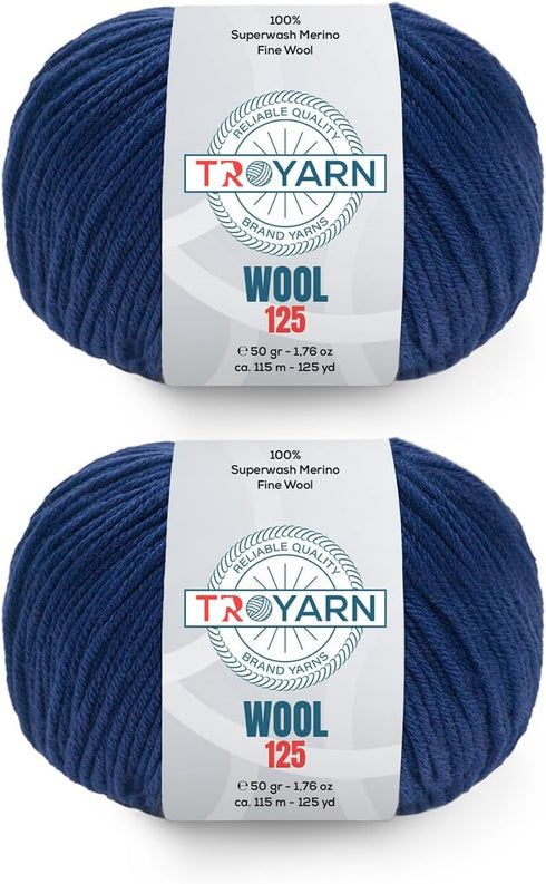 Wool 125 (2- Skeins Pack) 100% Superwash Merino Fine Wool Light Worsted Weight #3 Soft Knitting and Crochet Yarn for Crocheting and Knitting (2 x ...