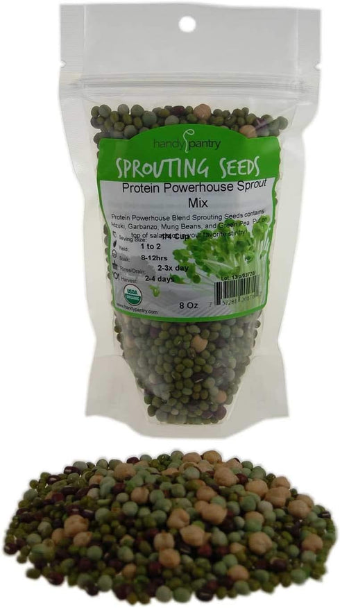 Protein Powerhouse Sprouting Seed Mix: 8 Oz - Organic, Non-GMO - Sprouting Sprouts, Food Storage. High Protien Sprouts - Pea, Mung, Green Pea, Adz...