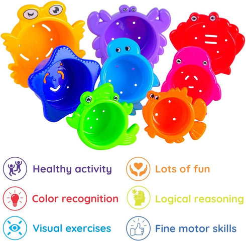 Baby Bath Toy - Beach Stacking Cups for Boys and Girls - Bath Tub Toys for Toddlers and Kids - 8 pcs...