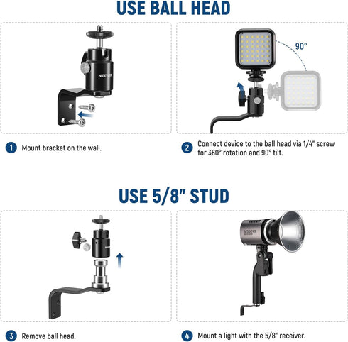 NEEWER 2 Pack E Type Wall Ceiling Mount, Ring Light Wall Mount Bracket with Detachable Ball Head, 5/8" Stud, 1/4" Screw for Flash Strobe Camera Mo...