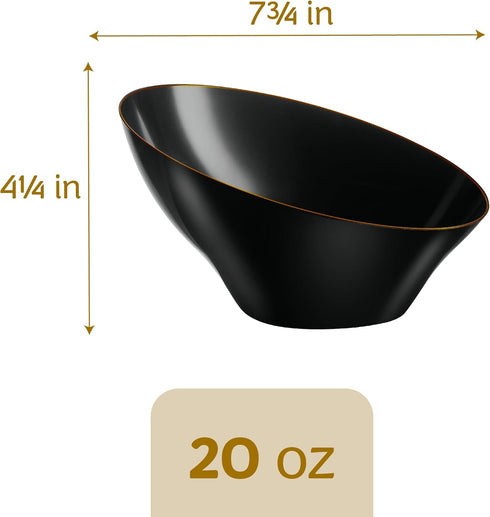 PLASTICPRO Angled Plastic Bowls Disposable Medium Plastic Black Serving Bowls with Gold Rim for Party for Appetizer Salads Pack of 4...
