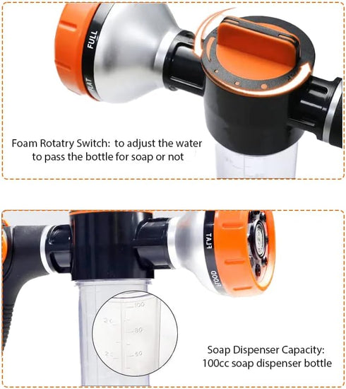 Garden Hose Nozzle with 8 Spray Patterns and 100cc Soap Dispenser Bottle - Ideal for Watering Plants, Car Wash, Pup Jet Dog Wash, Showering Pet, L...