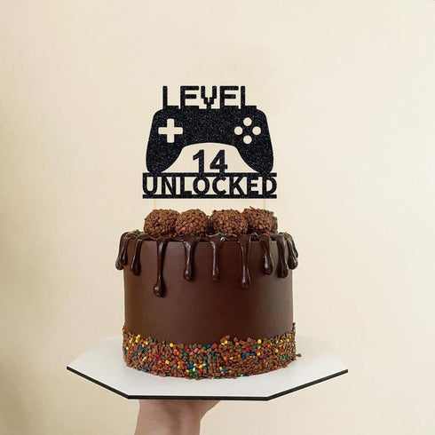 Level 14 Unlocked Cake Topper, Video Game Cake Topper, Game Controller Cake Topper for 14th Birthday Party Decoration...