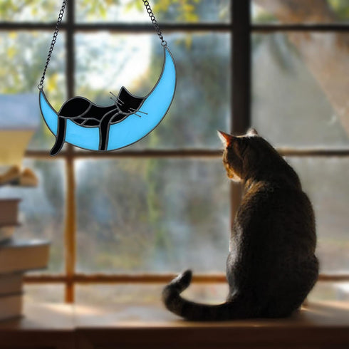 Black Cat Decor On Blue Moon Stained Window Hanging, Stained Cat Suncatchers Decoration Cat Decor for Cat Lovers Indoor...