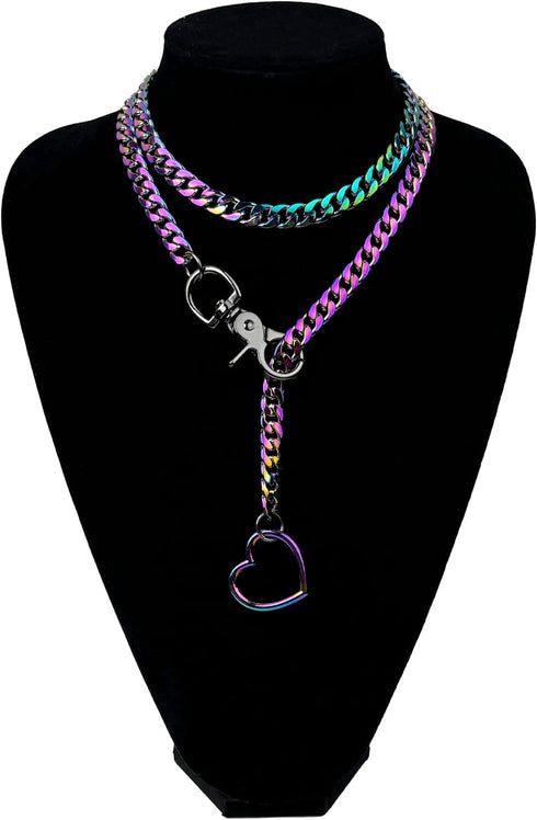 paloli Women's Slip Chain Rainbow Heart O-Ring Chunky Chain Necklace, Rays Cuban Long Layered Jewelry, Adjustable Lariat Y-Necklace Heart Loop Cho...