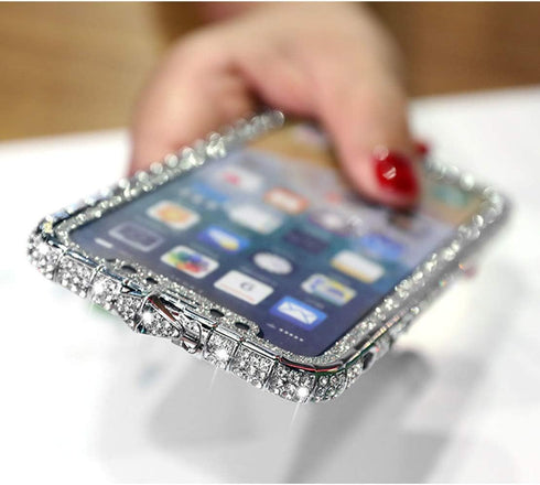 Fusicase for iPhone XR Diamond Case Glitter Sticker Bling Rhinestone Crystal Metal Bumper Frame Case Cute Luxury for Women Girls Shiny Sparkle Ele...