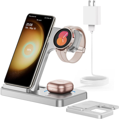 Wireless Charger for Samsung Charging Station: GEEKERA 3 in 1 Foldable Phone Charger Stand for Galaxy Watch6/5 Pro/4/3/Active, S24 Ultra/S24 Plus/...
