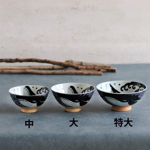 Minoru Touki White Wave Whale Blue Ceramic Rice Bowl Small Set of 2 ?4.4×H2.4in 11.29oz...