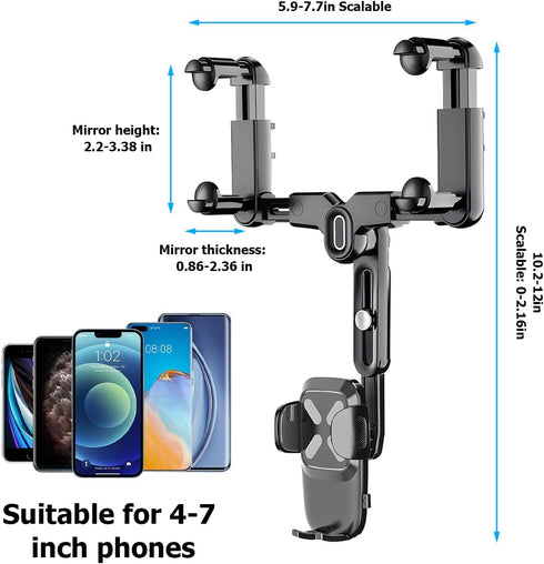 Car Rear View Mirror Phone Holder, 360° Rotatable&Retractable Auto Rearview Clip Mobile Mount Holder, Multifuctional GPS Holder with Anti-Shake De...