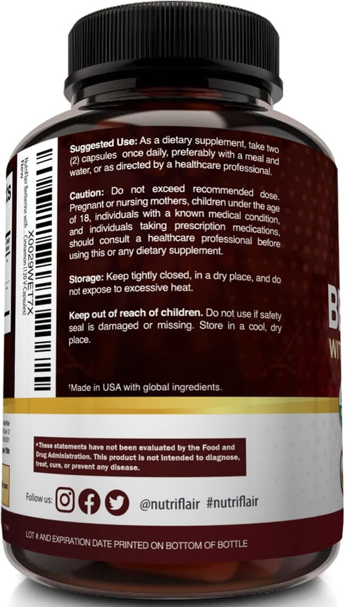 NutriFlair Organic Berberine with Ceylon Cinnamon 1450mg, 120 Capsules...